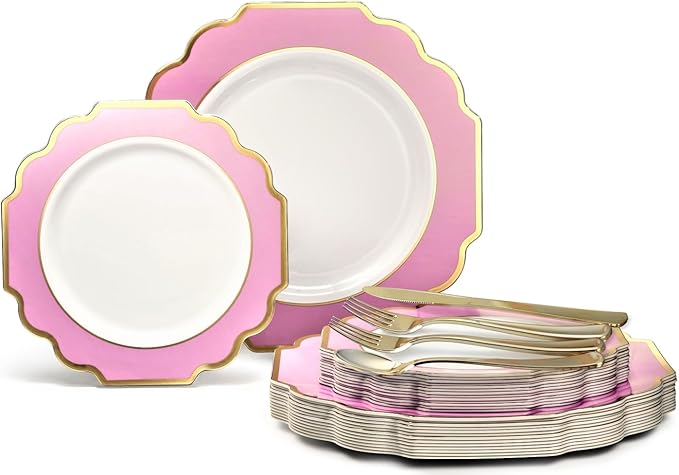 " OCCASIONS " 150 Piece set (25 Guests)-Wedding Plastic Plates & cutlery -Disposable heavyweight Dinnerware 10.5'', 8'' + Silverware w/double fork (Imperial in Rose Pink & Gold)