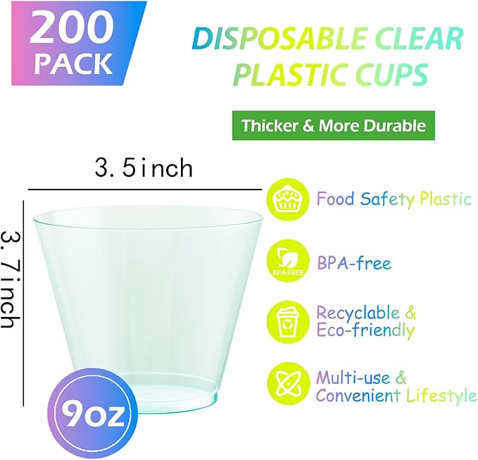 WDF 200 Pack Colorful Plastic Cups Disposable - include 50 Pink, Blue, Green, Yellow, Colorful Plastic Cups For Party, Baby Shower, Wedding