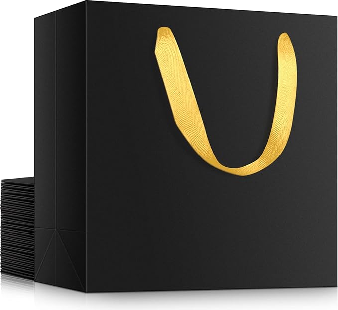 EUSOAR Large Black Golden Handles Shopping Bags, 20 Pack 12.5x4.5x11 inches Gift Wrap Bags Handles Bulk, Merchandise Retail Wrapping Bags for Business, Craft Grocery, Wedding