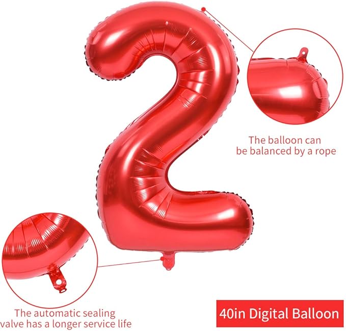 TONIFUL 40 Inch Red Large Numbers Balloons 0-9, Number 2 Digital 2 HeliumFoil Mylar Big Number Balloons for 2026 New Year Eve Graduation Valentine's Day Birthday Party Anniversary Party Decoration
