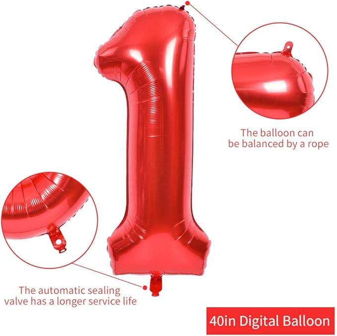 TONIFUL 40 Inch Red Large Numbers Balloons 0-9, Number 1 Digital 1 HeliumFoil Mylar Big Number Balloons for 2026 New Year Eve Graduation Valentine's Day Birthday Party Anniversary Party Decoration
