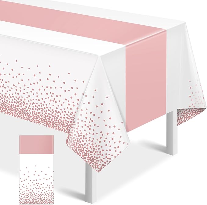 1Pcs White and Rose Gold Tablecloth Party Decorations,Plastic White Table Cloth Printed Rose Gold Table Runner Disposable Rectangle Cover for Birthday Anniversary Wedding Grad Party,54 x108 Inch