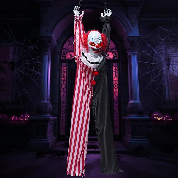 JOYIN 65" Halloween Hanging Scary Clown Decorations with Chain, with LED Lights Talking Animatronics Decor Outdoor Indoor for Haunted House Lawn Yard Patio