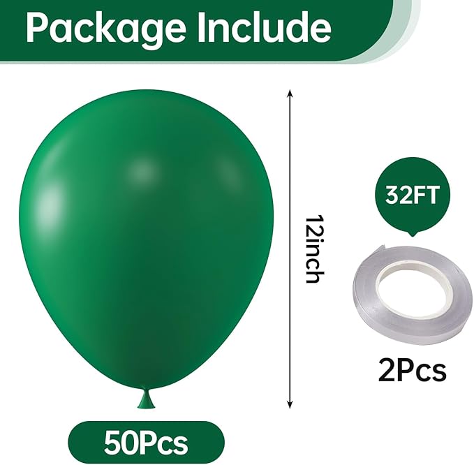 KALOR 12 Inch Dark Green Balloons, 50 Pcs Latex Helium Balloons for Kid's Birthday Party, Baby Shower, Wedding, Graduate Party Decorations