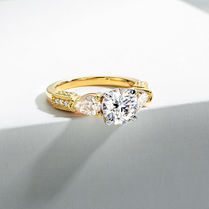 Idocare 3CT/5CT Moissanite Engagement 3 Stone Rings D Color VVS1 Round Cut 14K Yellow Gold Plated 925 Sterling Silver Promise Anniversary Rings for Women