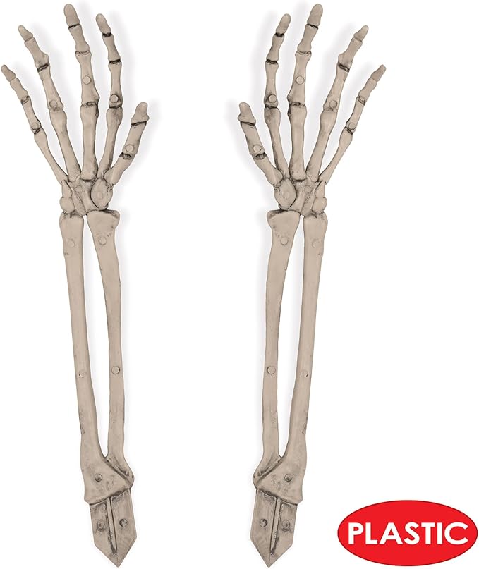 Beistle 2 Piece 17.5" Spooky Theme Plastic Skeleton Hand Yard Stakes, Scary Halloween Lawn Decorations, Celebrating With You Since 1900