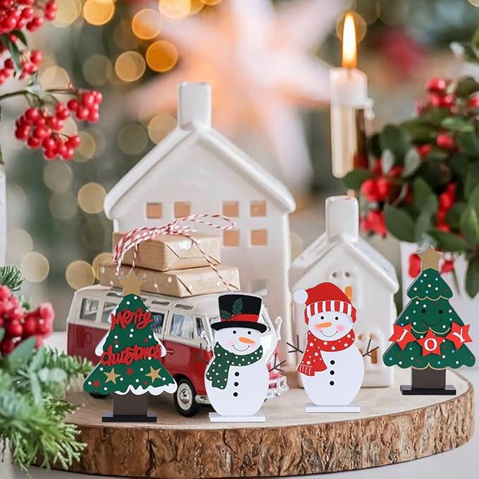 DECSPAS Christmas Decorations Indoor, 4 PCS Wood Christmas Trees & Snowmen for Centerpiece Table Decorations, Wooden Tiered Tray for Xmas Decor, Home, Winter, Tabletop, Mantel, Shelf, Fireplace, Gifts