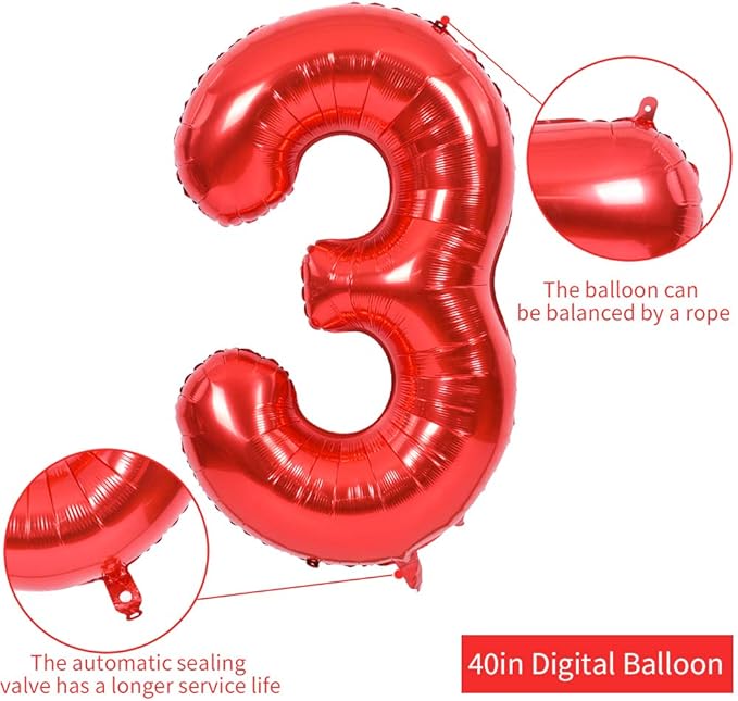 TONIFUL 40 Inch Red Large Numbers Balloons 0-9, Number 3 Digital 3 HeliumFoil Mylar Big Number Balloons for 2026 New Year Eve Graduation Valentine's Day Birthday Party Anniversary Party Decoration