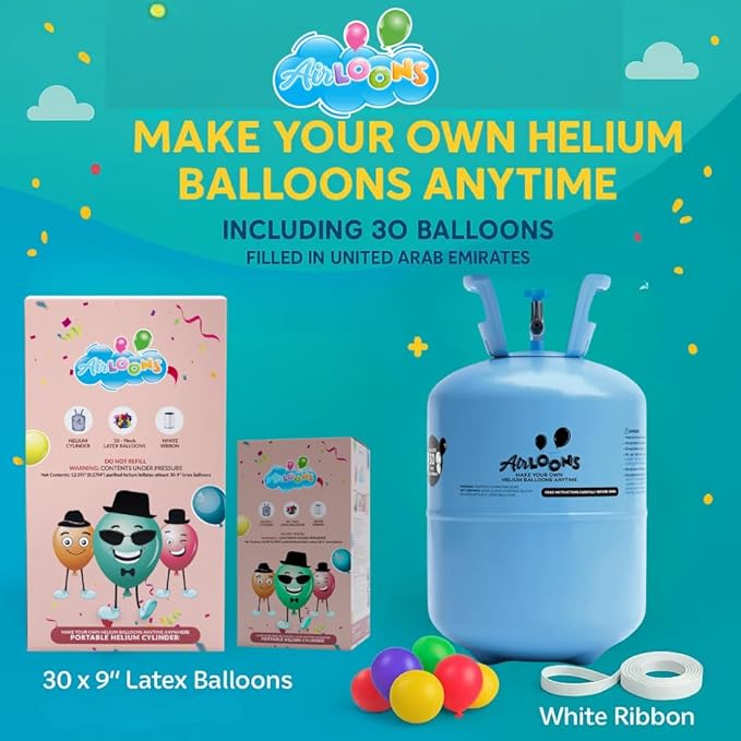 Airloons Purified Helium Tank - Inflate up to 60 Latex Balloons | 7 cu. ft. Balloon Pump for Longer Float Time | for Home Birthday and Party Decorations