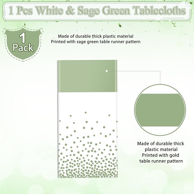 1Pcs White and Sage Green Tablecloth Decorations,Plastic White Table Cloth Printed Green Table Runner Disposable Rectangle Tables Cover for Birthday Wedding Anniversary Graduation Party,54 x108 Inch
