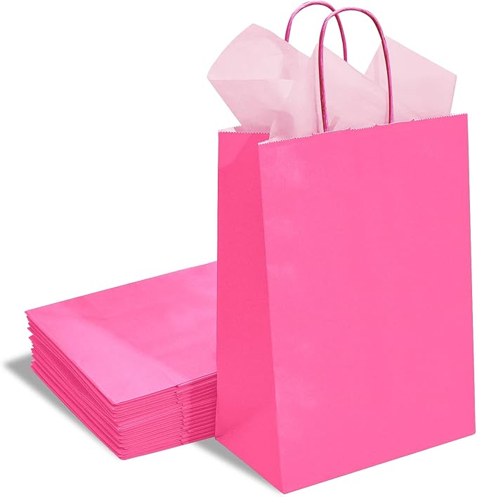 DjinnGlory 24 Pack Medium Size Hot Pink Paper Gift Bags with Handles 10x8x4 Inch and 24 Pink Tissue Paper for New Moms Birthday Wedding Baby Bridal Shower Party Favors Goodies
