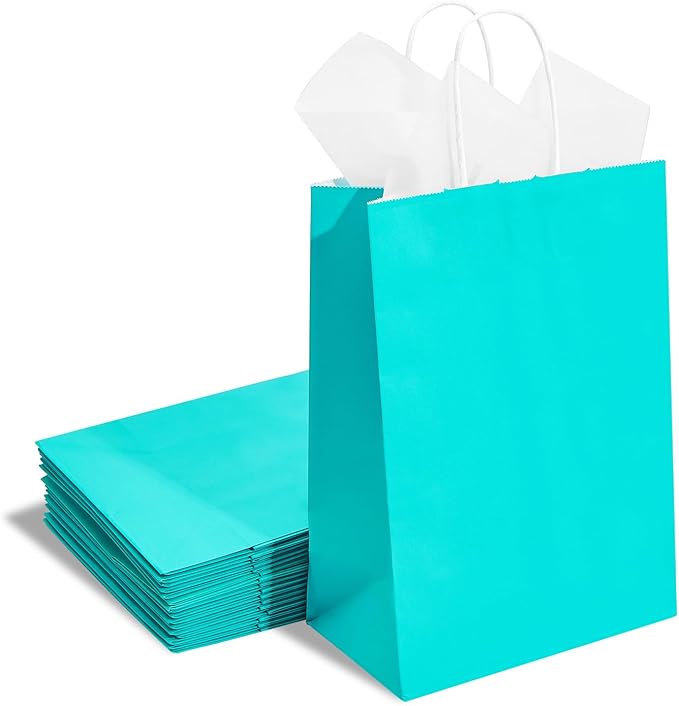 DjinnGlory 24 Pack Medium Size Teal Blue Paper Gift Bags with Handles 10x8x4 Inch and 24 Tissue Paper for Birthday Wedding Baby Bridal Shower Party Favors, Merchandise Shopping Bags