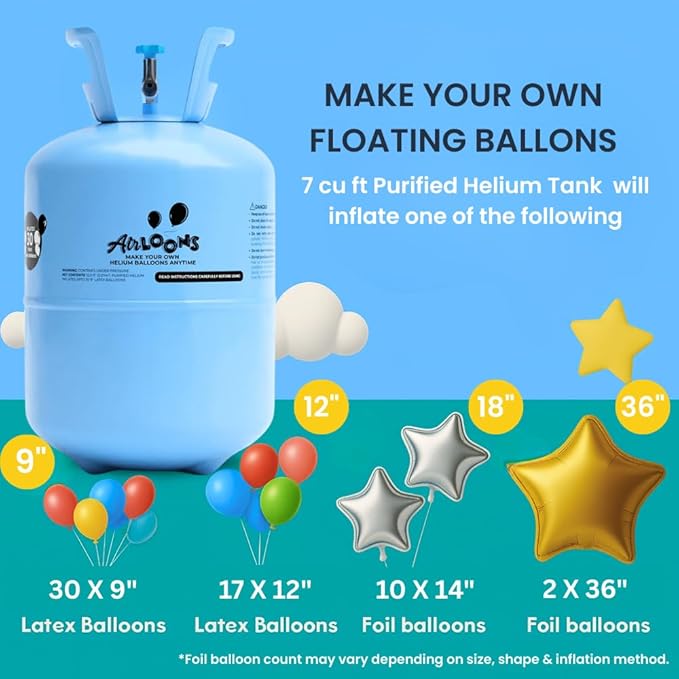 Airloons Purified Helium Tank - Inflate up to 60 Latex Balloons | 7 cu. ft. Balloon Pump for Longer Float Time | for Home Birthday and Party Decorations