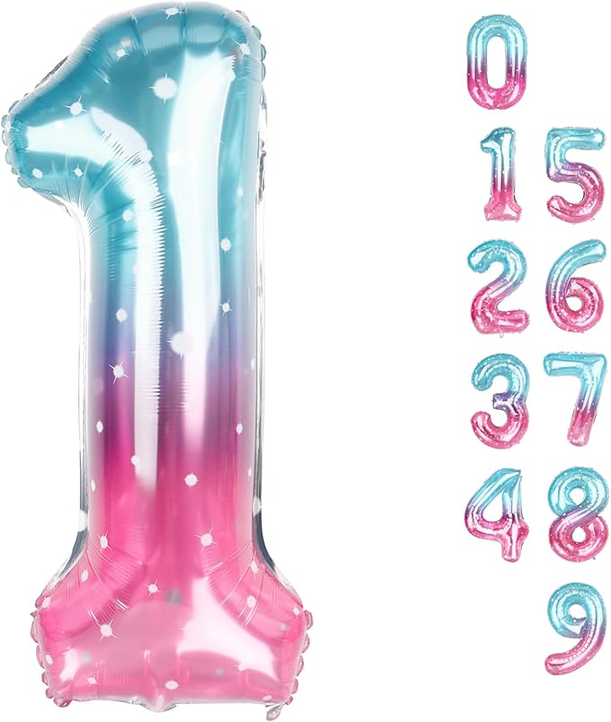 Number Balloons 1, 40 Inch Ballons for Girl Boy 1st 1 11 21 Birthday Decorations Baby Shower Photo Shoot, Pink Purple Blue One Balloons