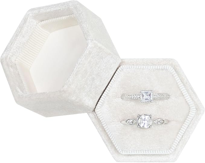 Velvet Ring Box, 2 Slots Hexagon Jewelry Ring Gift Box Vintage Ring Display Holder Case for Wedding Ceremony Proposal Engagement (Ivory)