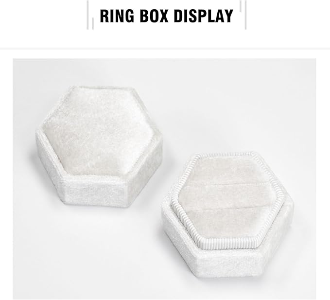 Velvet Ring Box, 2 Slots Hexagon Jewelry Ring Gift Box Vintage Ring Display Holder Case for Wedding Ceremony Proposal Engagement (Ivory)