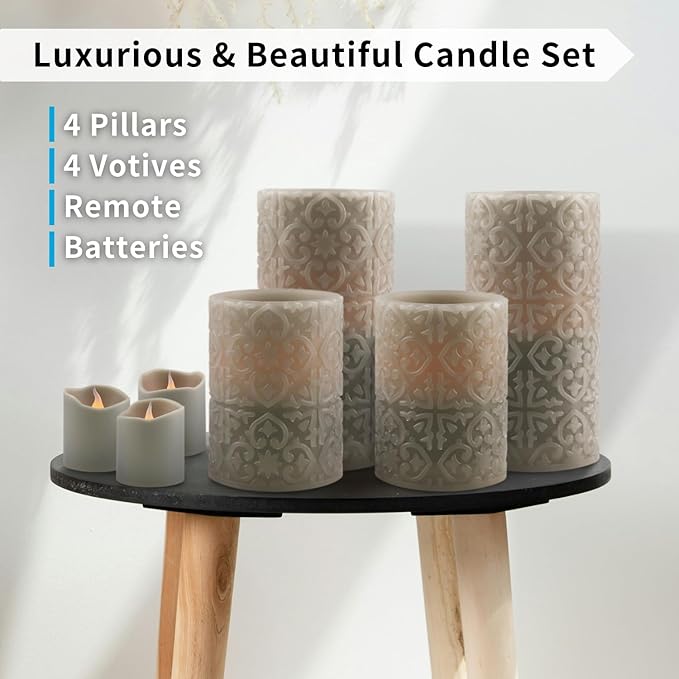 FURORA LIGHTING Grey Rome Real Wax LED Candles with Remote and Timer, 4 Pillar and 4 Votives Pack of 8, Flameless Flickering Candles for Home Décor, Battery Included