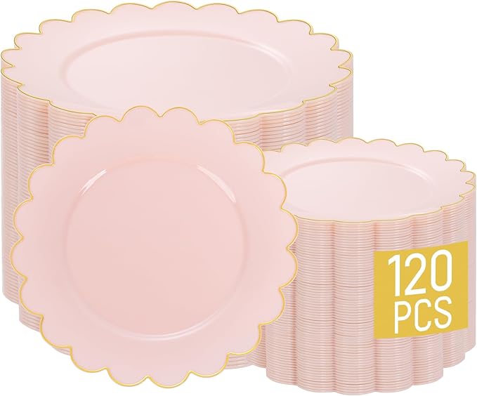 LIYH 120pcs Pink Plates Disposable Heavy Duty Disposable Plates for Party Plate Includes: 60 Dinner 10.25" & 60 Dessert Plate 7.5" Elegant Gold Rim Suitable for Bridal Shower Birthday Pink Party Decor