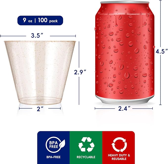 JOLLY CHEF 100 Pack 9 oz Gold Plastic Cups, Disposable Gold Glitter Plastic Cups Perfect for Wedding Thanksgiving, Christmas Party Cups