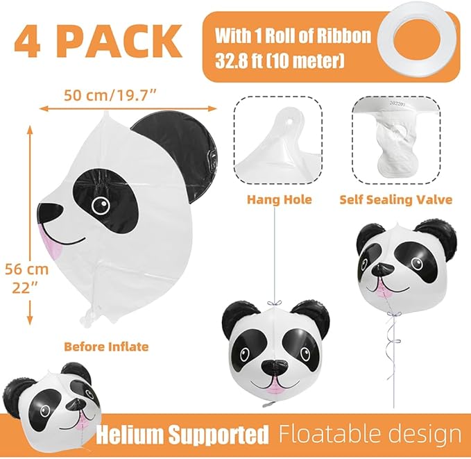 Zoo Animals Panda Balloon Animal Themed Party Supplies For Kids Boys Girls, 4 Pack Cartoon Panda Head Aluminum Balloons Jungle Safari Animal Balloons For Birthday Decoration Wedding Baby Shower