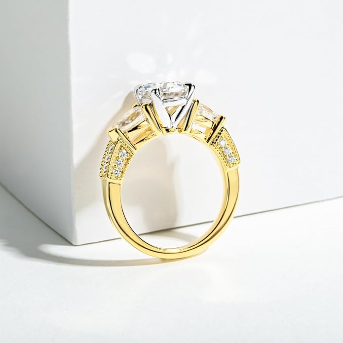Idocare 3CT/5CT Moissanite Engagement 3 Stone Rings D Color VVS1 Round Cut 14K Yellow Gold Plated 925 Sterling Silver Promise Anniversary Rings for Women