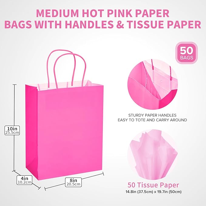 DjinnGlory 50 Pack Medium Size Hot Pink Paper Gift Bags with Handles 10x8x4 Inch and 50 Pink Tissue Paper for Mother's Day Business Birthday Wedding Bridal Baby Shower Party Favors Goodies