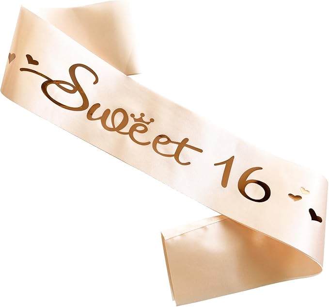 Sweet 16 Sash, Rose Gold Satin Soft Sashes with Foil Letter, 16th Birthday Sash Decorations Gifts for Girls Happy 16th Birthday Party Favor Supplies