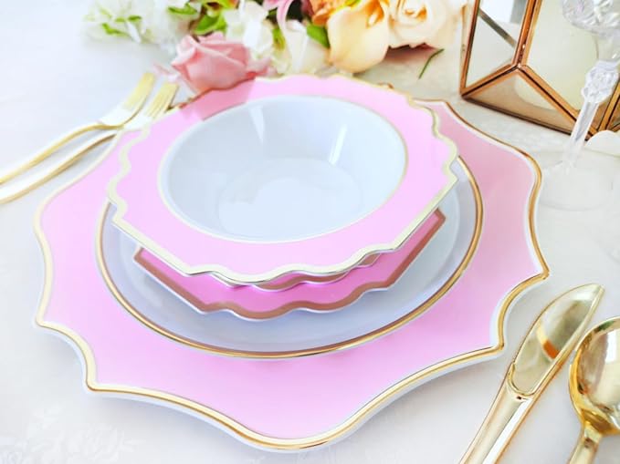 " OCCASIONS " 150 Piece set (25 Guests)-Wedding Plastic Plates & cutlery -Disposable heavyweight Dinnerware 10.5'', 8'' + Silverware w/double fork (Imperial in Rose Pink & Gold)