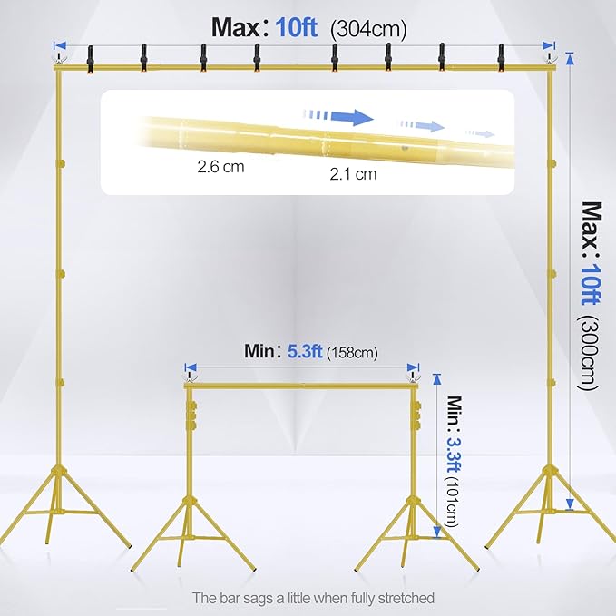 EMART Backdrop Stand 10x10ft(WxH) Photo Studio Adjustable Background Stand Support kit with 2 Crossbars, 8 Clamps, 2 Sandbags and Carry Bag for Parties, Events Decoration, Wedding -Titanium Gold