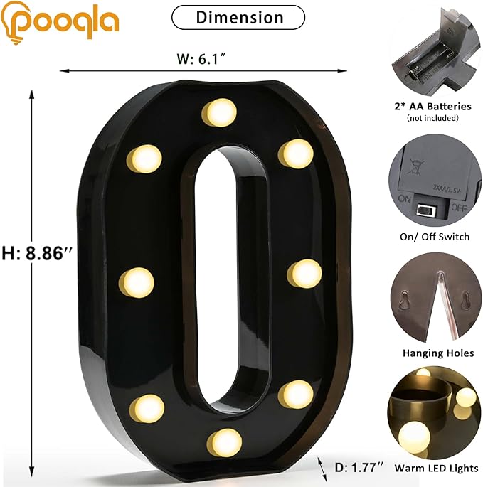 Pooqla Decorative Led Light Up Number Letters, Black Plastic Marquee Number Lights Sign for 10th 50th Birthday Party Wedding Decor Battery Operated Black Number 0