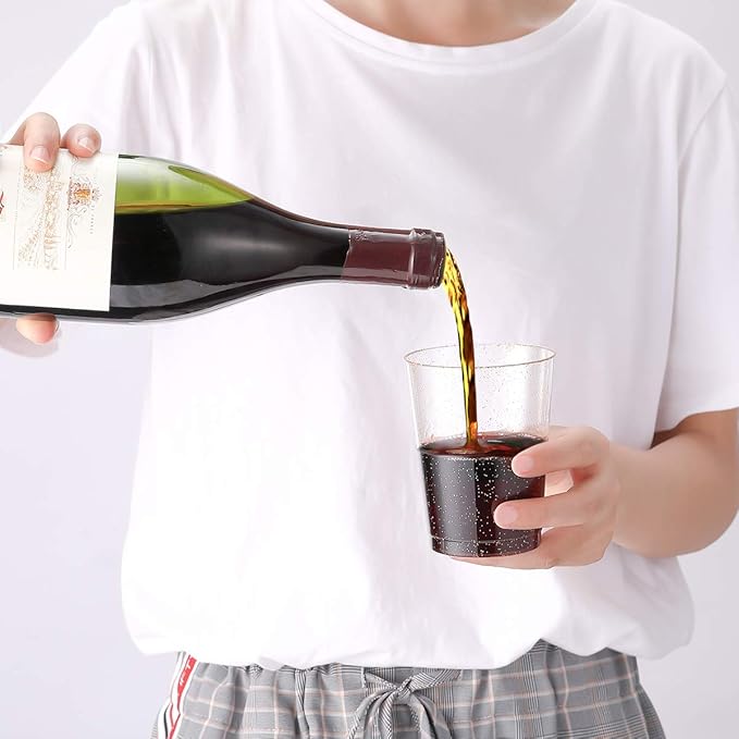 JOLLY CHEF 100 Pack 10 oz Gold Plastic Cups, Disposable Gold Glitter Cups, Clear Plastic Tumblers Perfect for Weddings, Receptions & Parties