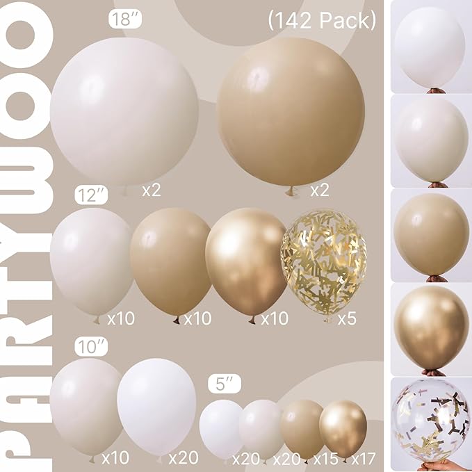 PartyWoo Neutral Balloon Arch Kit Garland 142pcs Different Sizes of 18 12 10 5 Inch Off White Sand Cream Ivory Gold Confetti Boho Balloons for Bridal Baby Shower Engagement Birthday Party Decorations