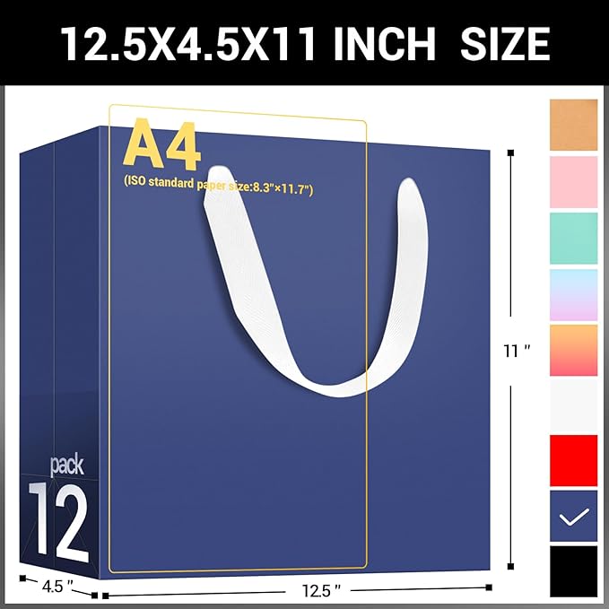 EUSOAR Blue Gift Bags Bulk, 12 pack 12.5"x4.5"x11" Kraft Paper Shopping Bags with Handles Bulk, Retail Gift Wrapping Bags for Business, Craft Grocery, Boutique, Retail, Party Favor, Wedding