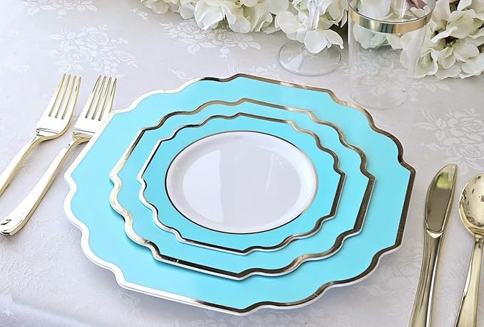 OCCASIONS 720 Pcs set (120 guest) Wedding Disposable Plastic Plate and Silverware Combo 10.5" + 8" + Silverware (Double Fork) (Imperial in White/Aqua & Gold Rim, Gold Silverware)