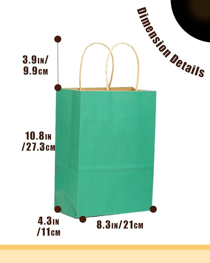 qiqee 100PCS Gift Bag with Handles Bulk Cyan Paper Bags Multiple Uses (11"x5"x8" Medium Size)
