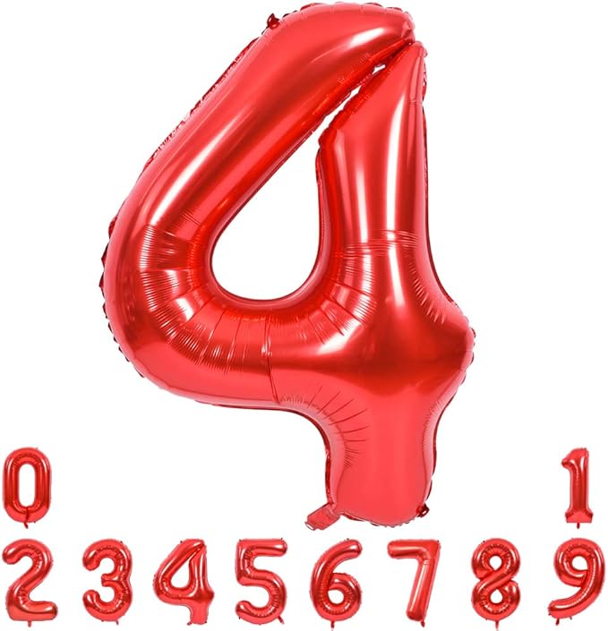 TONIFUL 40 Inch Red Large Numbers Balloons 0-9, Number 4 Digital 4 HeliumFoil Mylar Big Number Balloons for 2026 New Year Eve Graduation Valentine's Day Birthday Party Anniversary Party Decoration
