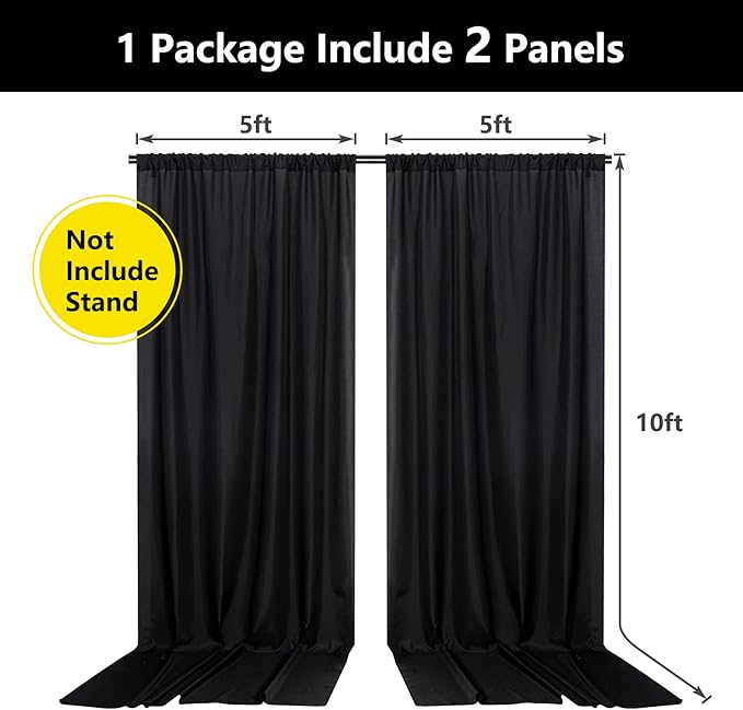Black Backdrop Curtain for Party, Background Drapes Panels with Rod Pocket, Wrinkle Free Black Photo Curtains Backdrop Drapes Fabric Decoration for Wedding, Birthday Party Decor 5ft x 10ft, 2 Panels