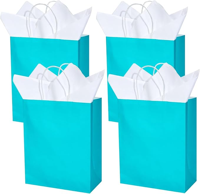 DjinnGlory 50 Pack Medium Size Teal Blue Paper Gift Bags with Handles 10x8x4 Inch and 50 White Tissue Paper for Small Business Wedding Bridal Baby Shower Birthday Party Favors Goodies