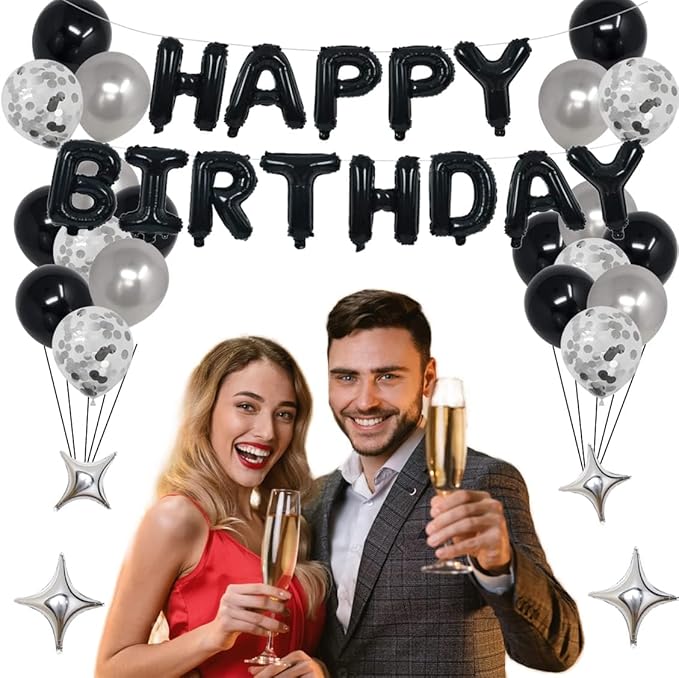 23rd Black Silver Birthday Party Decorations for Men Women, Party Supplies With Banner, Foil Stars, Balloons for 23 Celebration