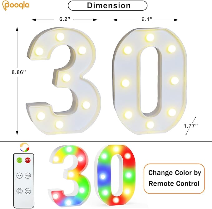 Pooqla 30th Birthday Decoration for Her Him, Decorative LED Light Up Numbers, Marquee Numbers 30 Sign for Party Backdrop 30th Wedding Anniversary Decor Gift, Warm White and Colorful Number 30