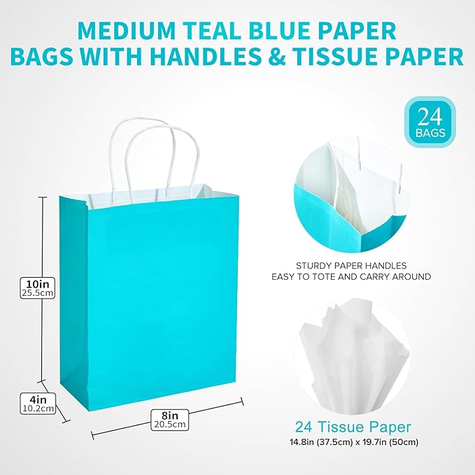 DjinnGlory 24 Pack Medium Size Teal Blue Paper Gift Bags with Handles 10x8x4 Inch and 24 Tissue Paper for Birthday Wedding Baby Bridal Shower Party Favors, Merchandise Shopping Bags