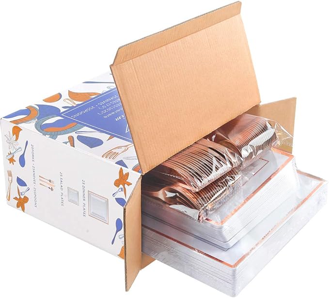 WDF 125pcs Rose Gold Plates with Disposable Silverware - Plastic Plates Dinnerware Include 25Dinner Plates,25 Salad Plates,25 Forks,25 Knives,25 Spoons for Wedding, Party