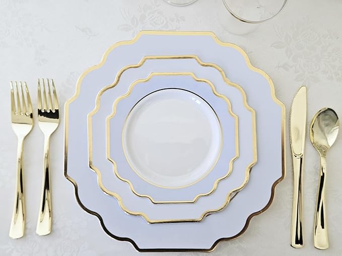" OCCASIONS " 150 Piece set (25 Guests)-Wedding Plastic Plates & cutlery -Disposable heavyweight Dinnerware 10.5'', 8'' + Silverware w/double fork (Imperial in White/Blue & Gold)