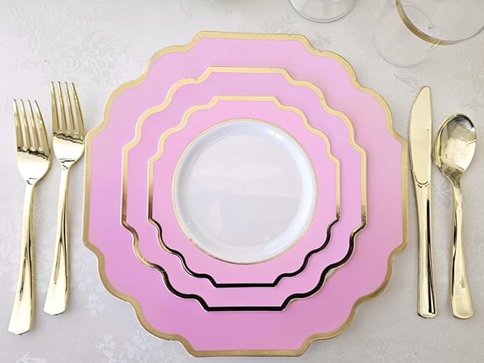 OCCASIONS 720 Pcs set (120 guest) Wedding Disposable Plastic Plate and Silverware Combo 10.5" + 8" + Silverware (Double Fork) (Imperial in Rose Pink & Gold Rim, Gold Silverware)