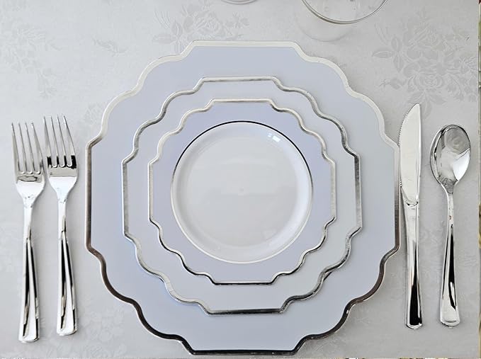 " OCCASIONS " 150 Piece set (25 Guests)-Wedding Plastic Plates & cutlery -Disposable heavyweight Dinnerware 10.5'',8''+Silverware w/double fork (Imperial in White/Baby Blue & Silver)