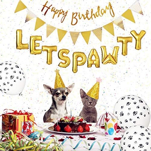 Legendog Golden Dog Paw Print Balloons Cat Birthday Hat Happy Birthday Banner Foil Balloons Lets Pawty Letters Decorations (Includes Filling Pump)