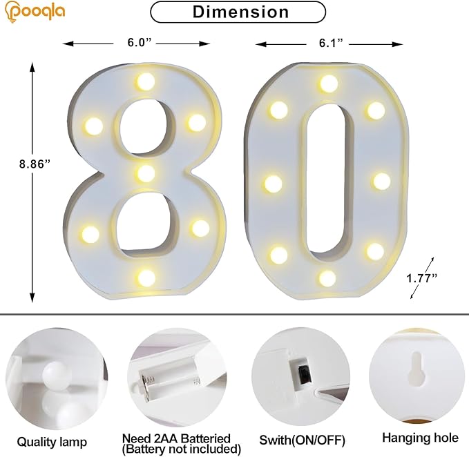 Pooqla 80th Birthday Decoration fors Her Him, 35 Colors LED Light Up Numbers with Remote, Multicolor Marquee Numbers 80 Sign for Party Backdrop 80th Birthday Gift, Lighted Number 80