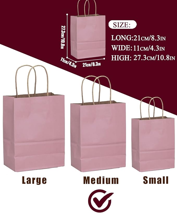 qiqee 100PCS Gift Bag with Handles Bulk Pink Purple Paper Bags Multiple Uses (11"x5"x8" Medium Size)