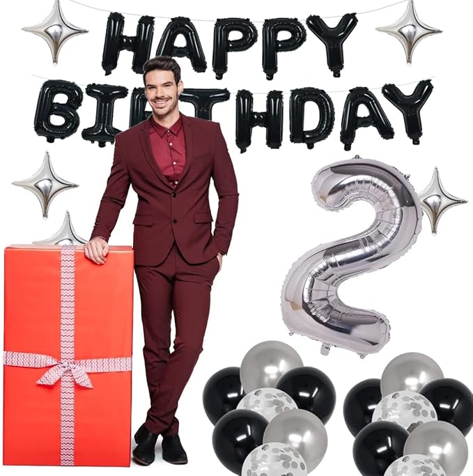 23rd Black Silver Birthday Party Decorations for Men Women, Party Supplies With Banner, Foil Stars, Balloons for 23 Celebration