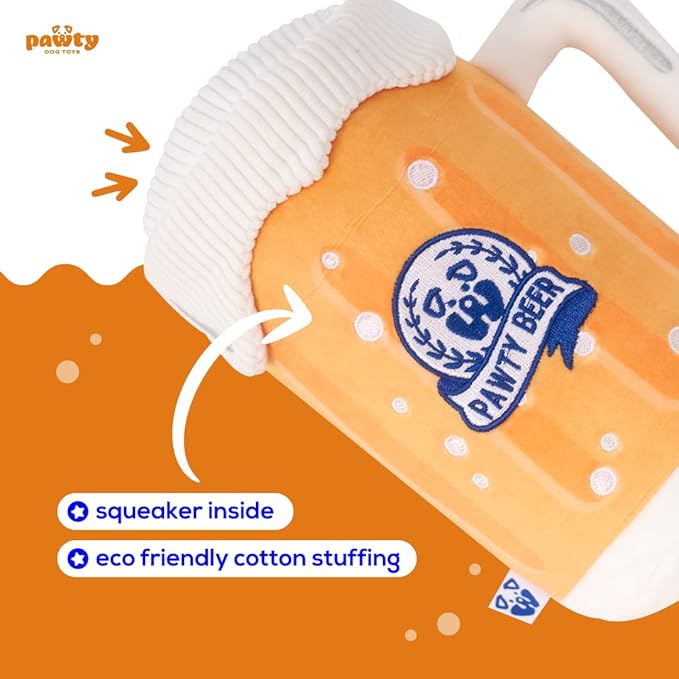 Pawty Beer Plush Dog Toy - Cute Unique Dog Parody Toy with Squeaker - Funny Alcohol Dog Toy - Gift for Puppy Birthday - Chew Toy for Small Medium Dog